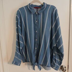 Jennifer Lopez Denim Striped Shirt XXL Chambray LS Buttons Top Tie Bottom